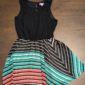 Candie's Black Sleeveless Dress with Teal and Coral Striped Skirt